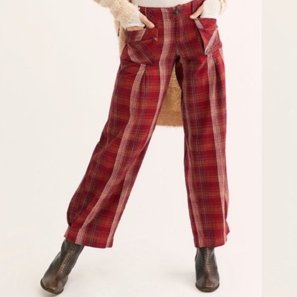 red plaid wide leg pants